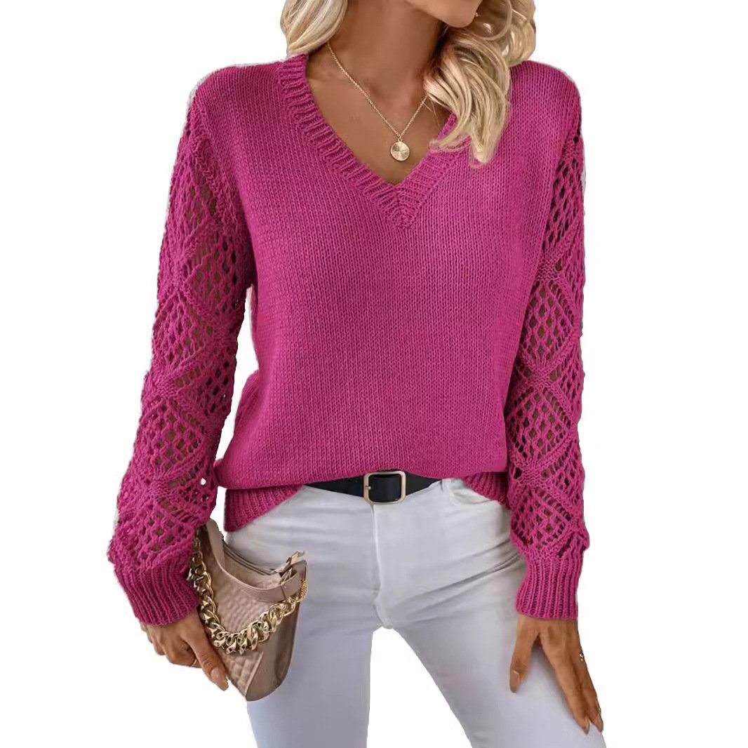 （25% Off Any Two Items）Solid Color V-Neck Mesh Sleeve Knit Pullover Sweater