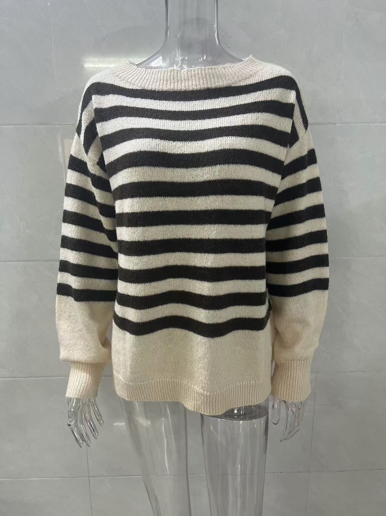 Autumn and winter new knitwear women's senior sense of casual loose lazy wind women's striped sweater women