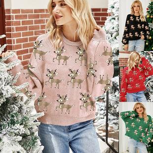 Jacquard Casual Pullover Christmas Sweater Women Slouchy Style Fall and Winter Women's Knitted Sweater