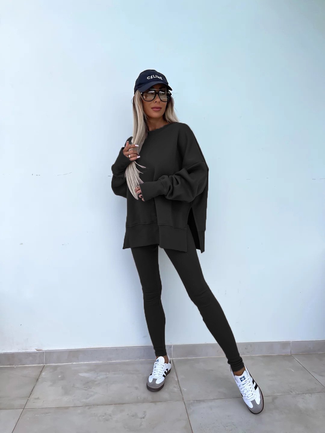 （25% off any two items）New sweatshirt suit casual loose long sleeve round neck slit top tight trousers