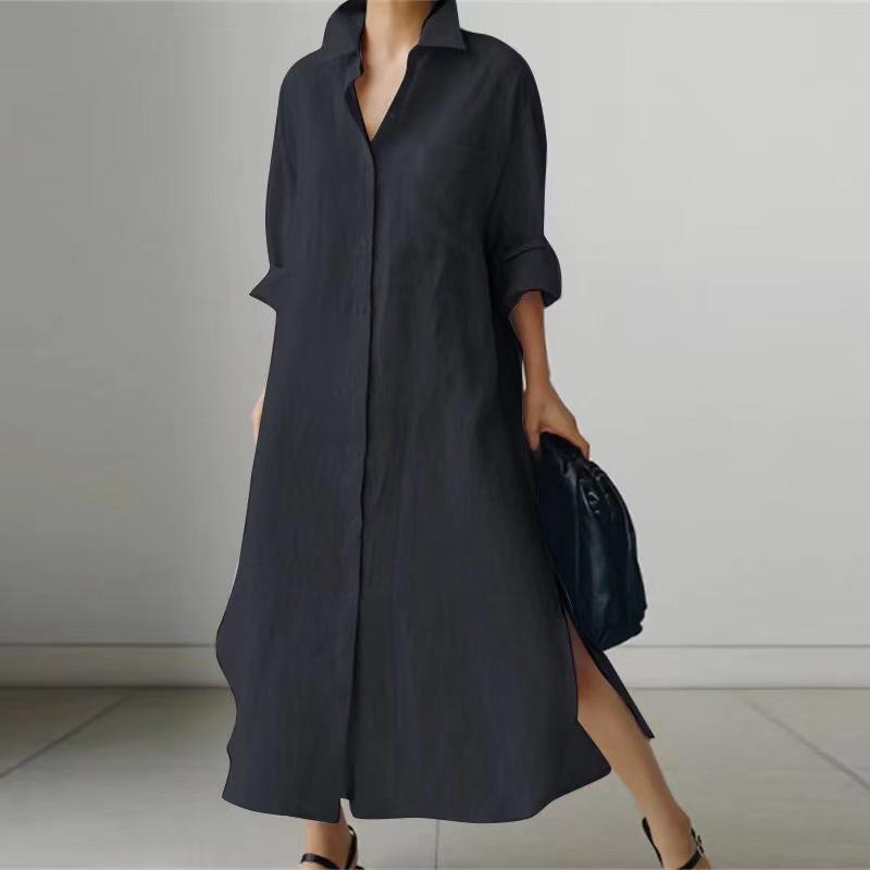 （30% Off Any Two Items）New Solid Color Long Sleeve Cardigan Casual Loose Irregular Split Cotton Linen Long Dresses