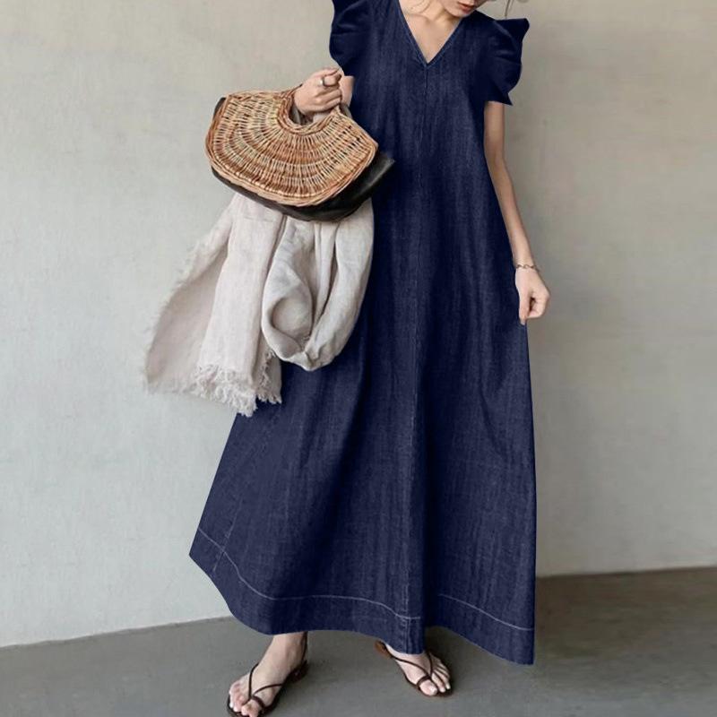 (30% Off Any Two Items) Cowboy net color temperament V-neck bohemian loose plus size long dresses