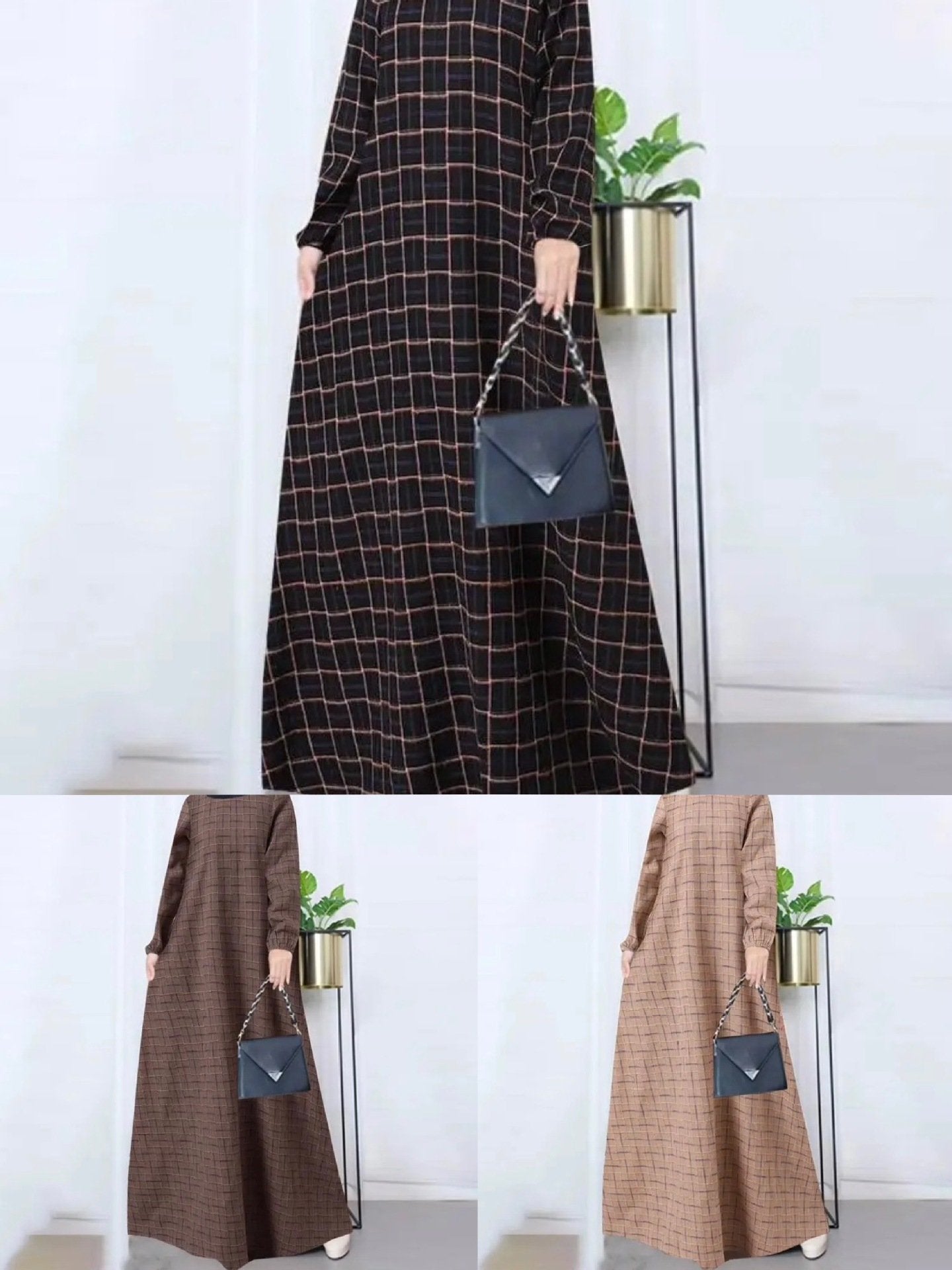 （30% Off Any Two Items）New casual women's cotton and linen retro long-sleeved plaid round-neck dresses