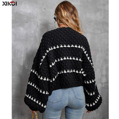 Striped round neck pullover thick needle sweater women loose lazy wind new long-sleeved knitted sweater tops