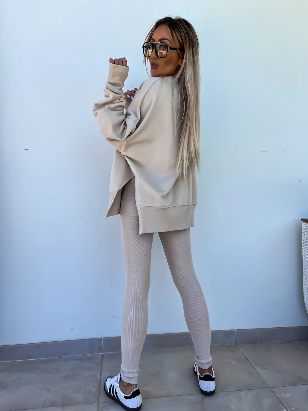 （25% off any two items）New sweatshirt suit casual loose long sleeve round neck slit top tight trousers