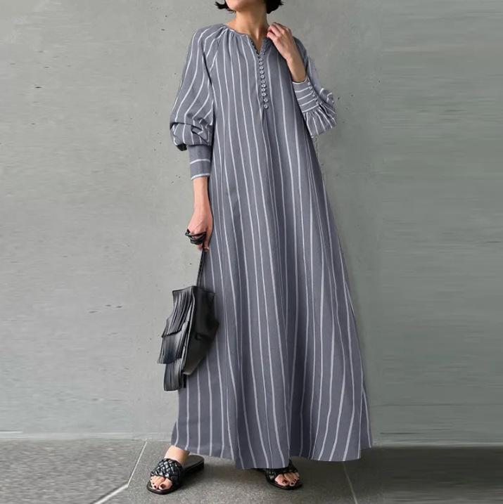 （30% off any two items）New Artistic Style Cotton And Linen Striped Round Neck Long Sleeve Slip Bag Simple Loose Long Pullover Dress