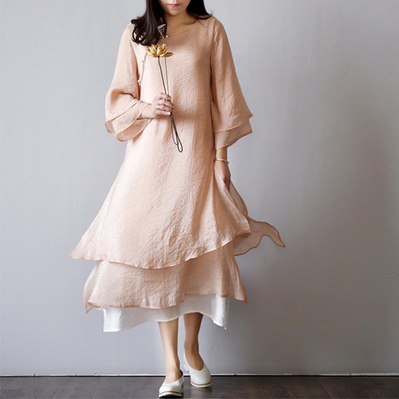 (30% off any two items)Original Women's Clothing Cotton And Linen Artistic Double Layer Dress Retro Mori Girl Style Zen Modified Hanfu Long Dress For Summer Dress