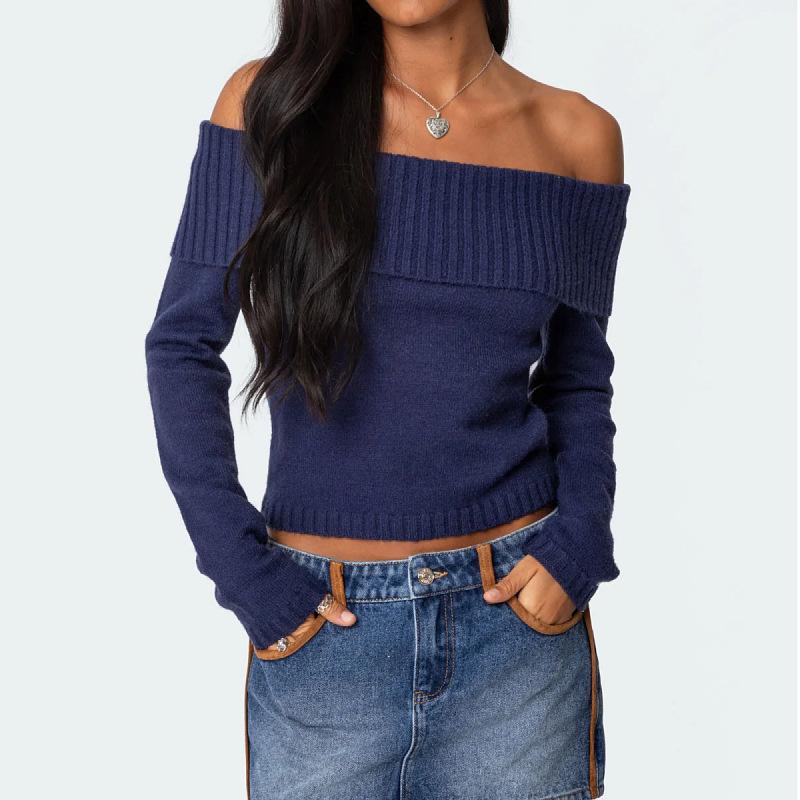 Autumn and winter new knitted tops women's solid color one-color collar strapless long-sleeved pullover sweater women