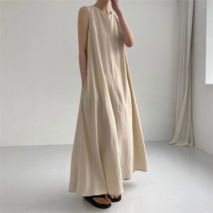 （30% Off Any Two Items）Versatile Round Neck Loose Double Pockets Casual Knee Swing Vest Dresses