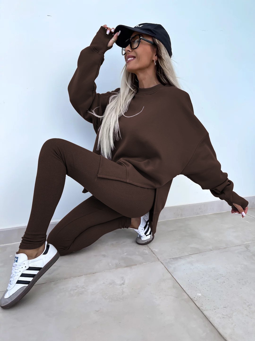 （25% off any two items）New sweatshirt suit casual loose long sleeve round neck slit top tight trousers