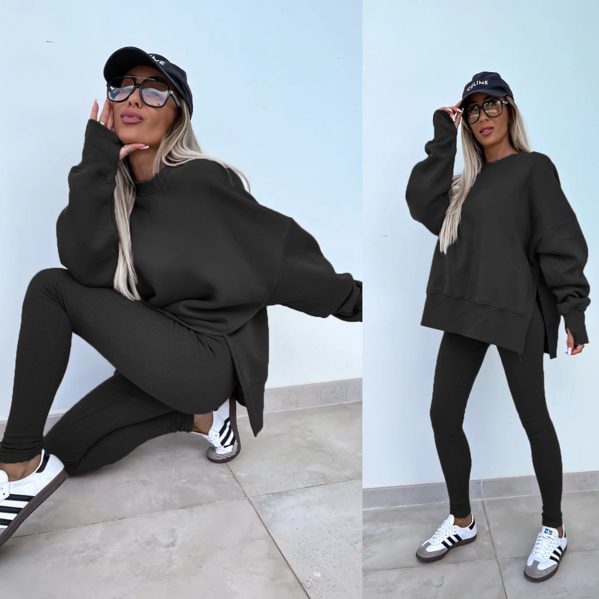 （25% off any two items）New sweatshirt suit casual loose long sleeve round neck slit top tight trousers