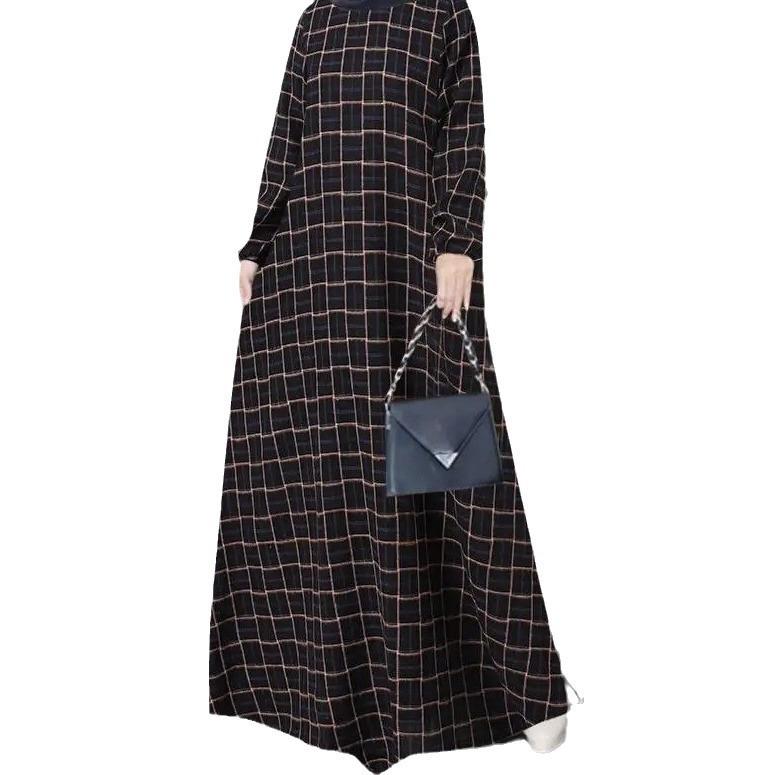 （30% Off Any Two Items）New casual women's cotton and linen retro long-sleeved plaid round-neck dresses