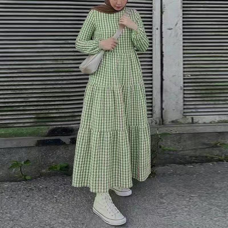 （30% Off Any Two Items）New Plaid Long Sleeve Round Neck Loose Waist Casual Dresses