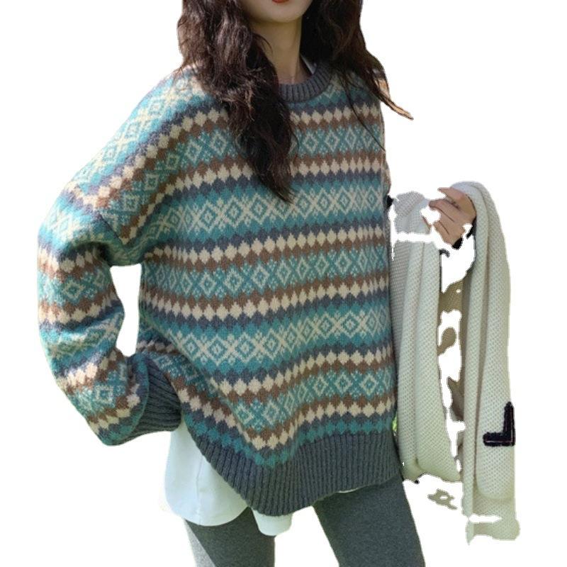 Retro jacquard diamond lattice elastic head knit sweater female students new fall and winter outside wear lazy wind