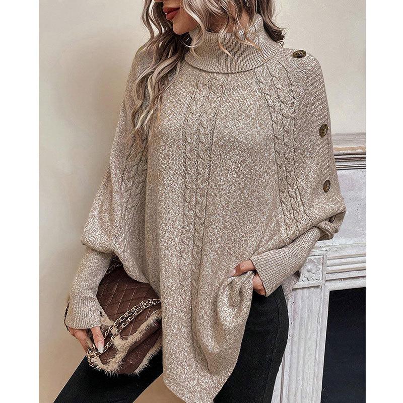 Autumn and winter new stranded flower women's sweater fashion high neck button long sleeve bat sweater