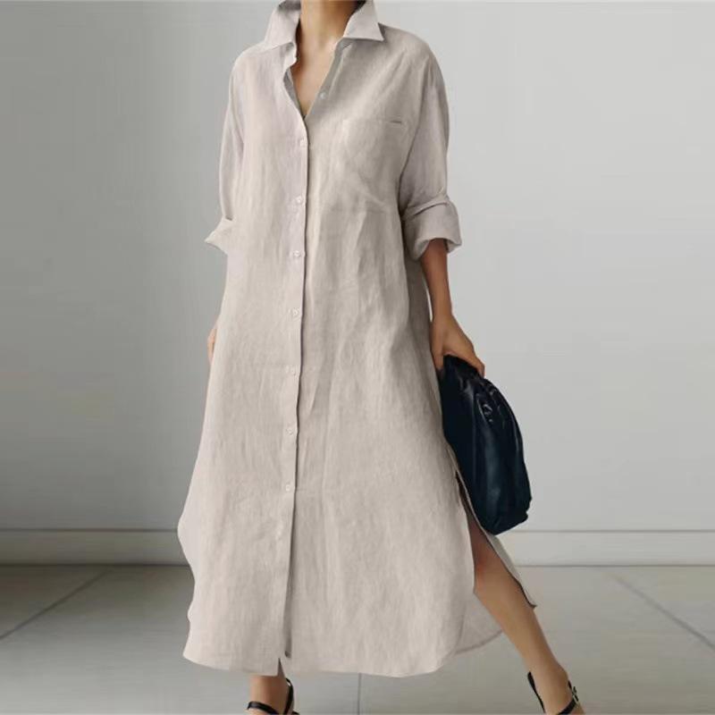 （30% Off Any Two Items）New Solid Color Long Sleeve Cardigan Casual Loose Irregular Split Cotton Linen Long Dresses