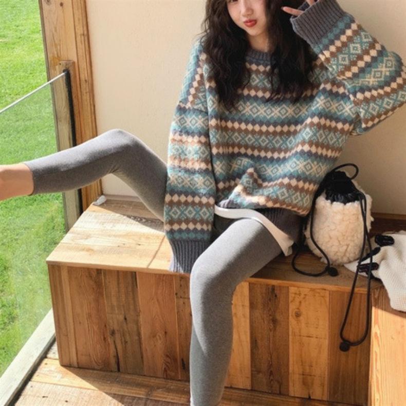 Retro jacquard diamond lattice elastic head knit sweater female students new fall and winter outside wear lazy wind