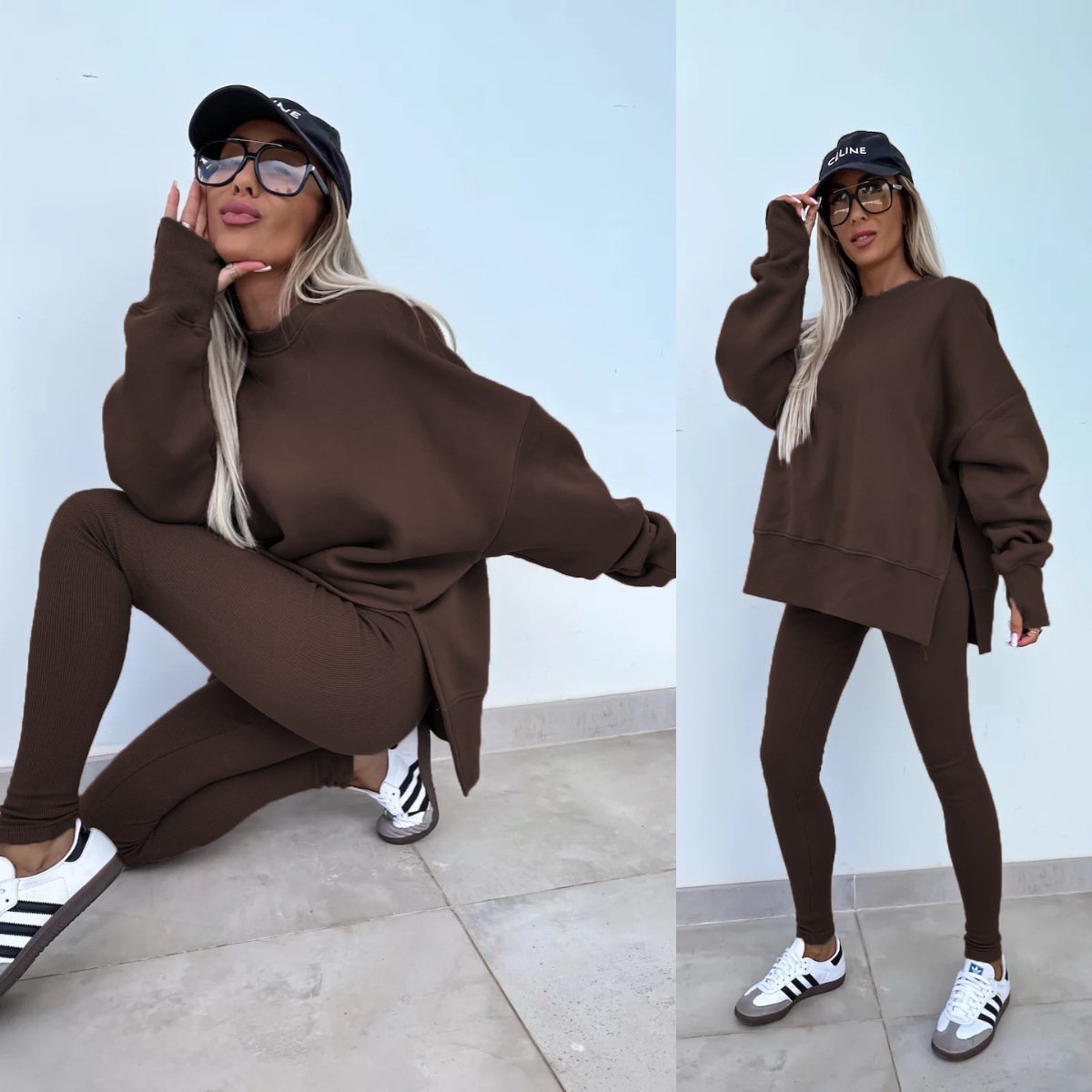 （25% off any two items）New sweatshirt suit casual loose long sleeve round neck slit top tight trousers