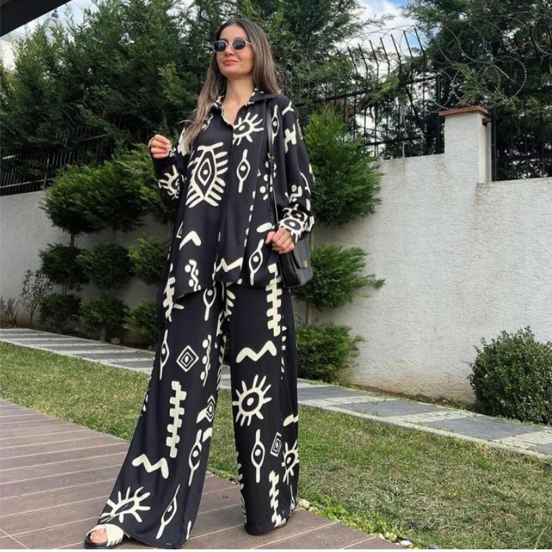 (Any two pieces 30% off) 2024 new fashion printing loose top tie high waist wide leg trousers two-piece set