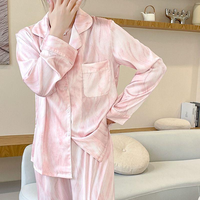 （30% Off Any Two Items）Ice silk pajamas ladies summer long-sleeved new summer air-conditioned room cool feeling spring and autumn home wear suit