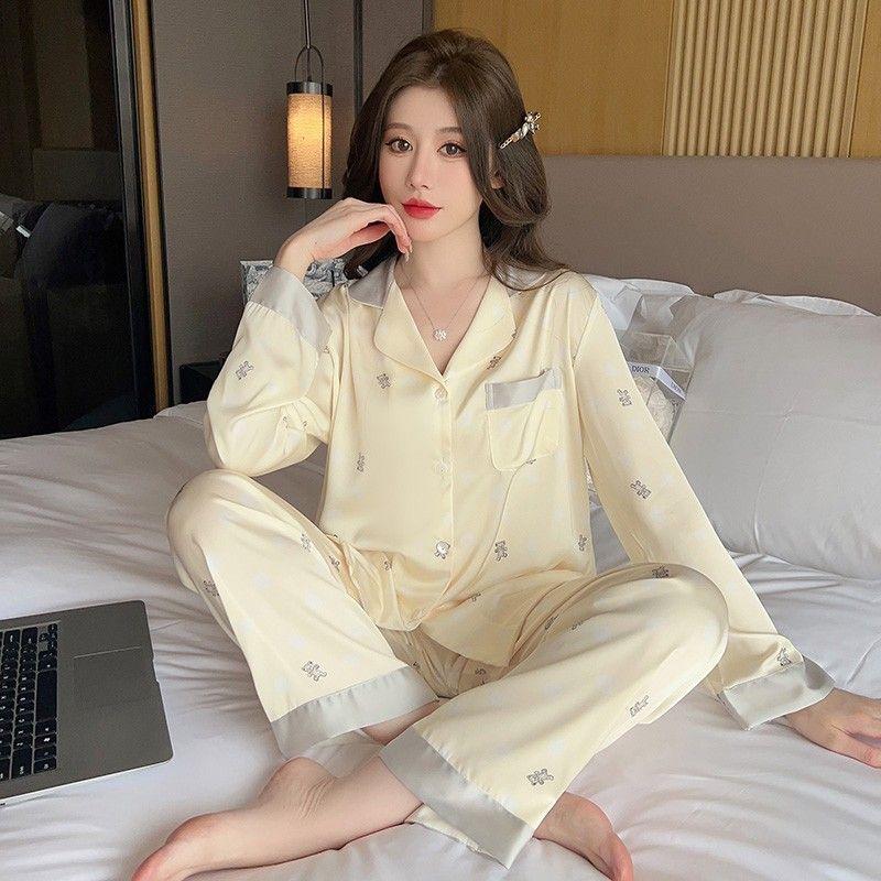 （30% Off Any Two Items）Ice silk pajamas ladies summer long-sleeved new summer air-conditioned room cool feeling spring and autumn home wear suit