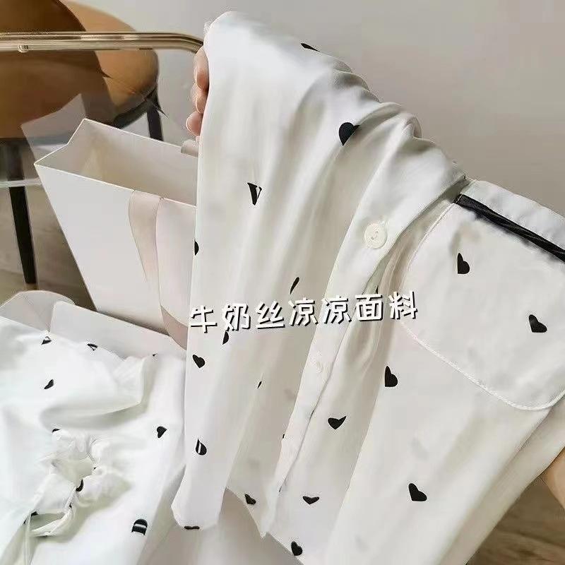 （30% Off Any Two Items）Ice silk pajamas ladies summer long-sleeved new summer air-conditioned room cool feeling spring and autumn home wear suit