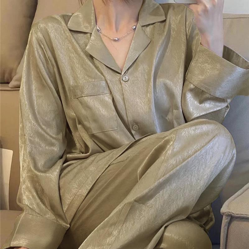 （30% Off Any Two Items）Ice silk pajamas ladies summer long-sleeved new summer air-conditioned room cool feeling spring and autumn home wear suit