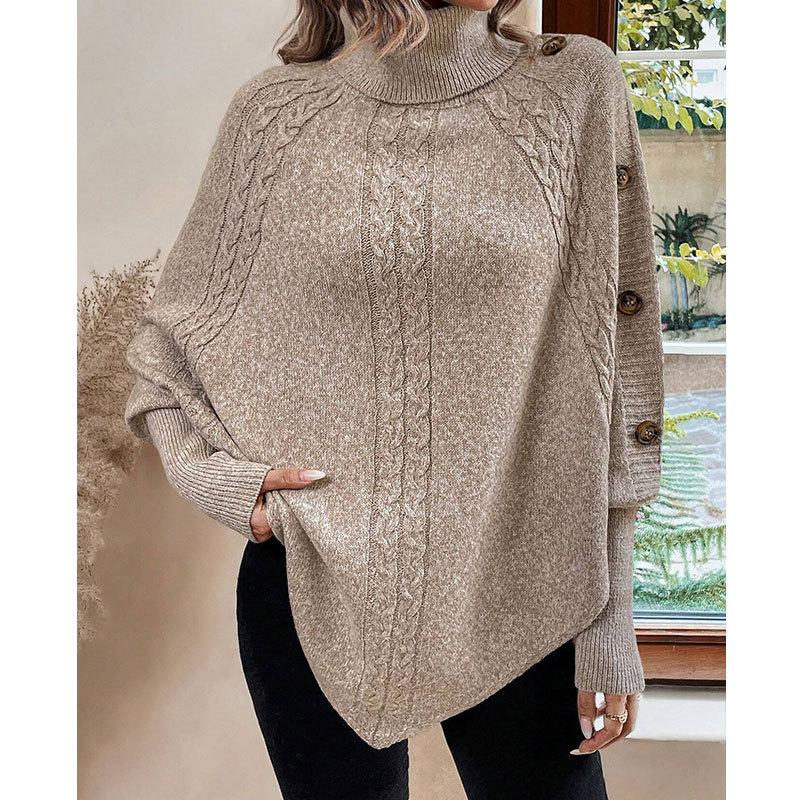 Autumn and winter new stranded flower women's sweater fashion high neck button long sleeve bat sweater