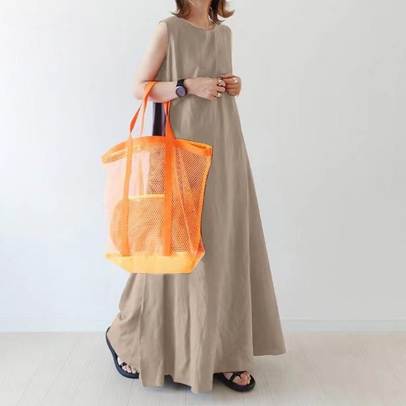 （30% Off Any Two Items）New cotton linen solid color casual simple loose sleeveless long plus size dresses