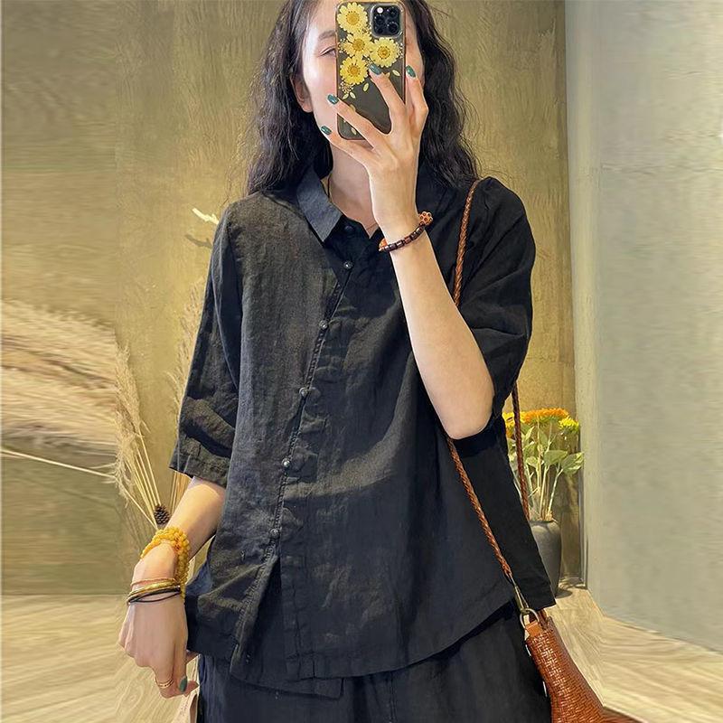 New summer shirt retro literary temperament cotton linen drawstring trousers two-piece set